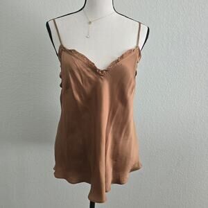 Aritzia Wilfred Cupro Silky Cami Top M Golden Tan Lace Trim Spaghetti Strap